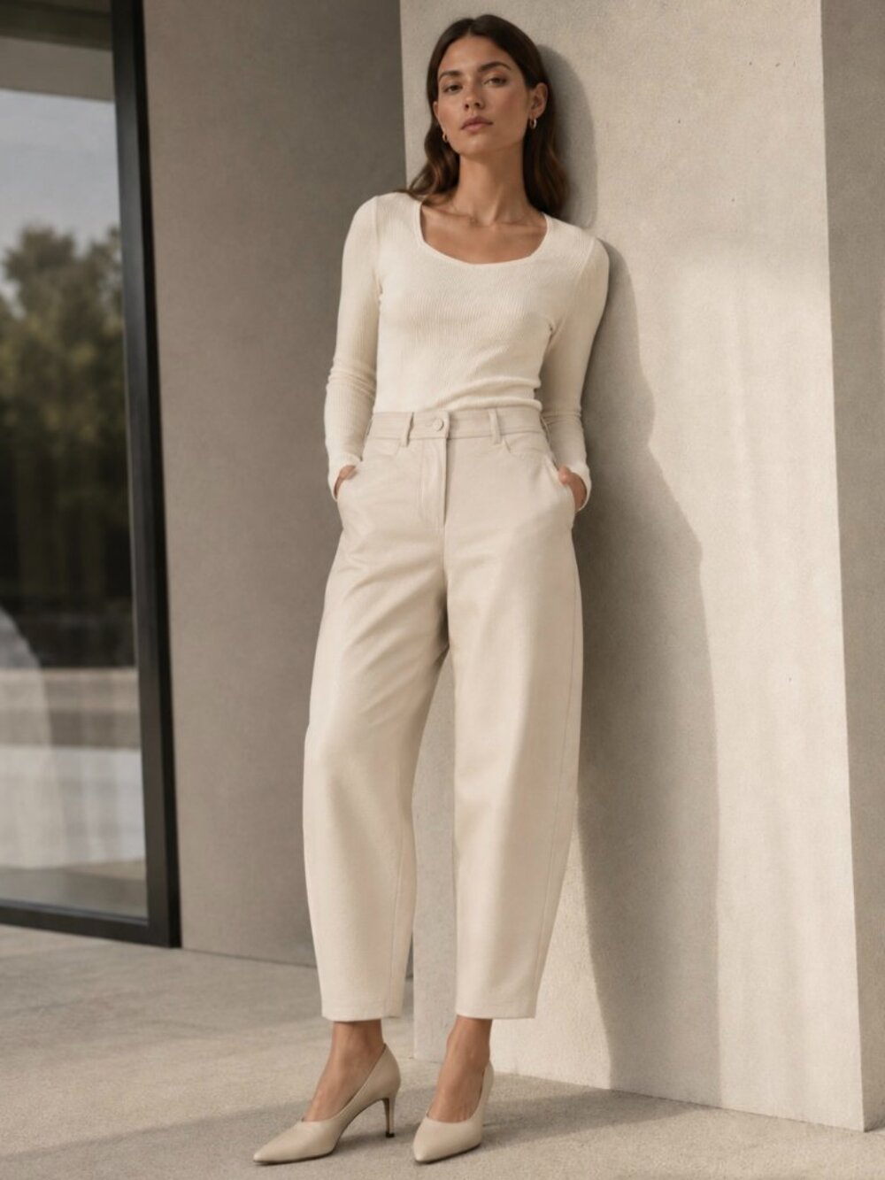 NWT Stella McCartney $1095 Cream Vegan Leather Barrel Pants Quiet Luxury 38 US 2
